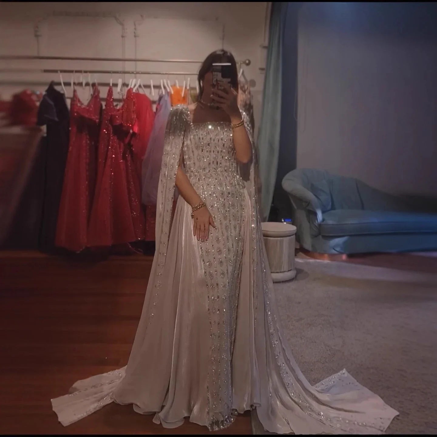 Luxury Silver Dubai Crystal Evening Dress with Cape LA73272