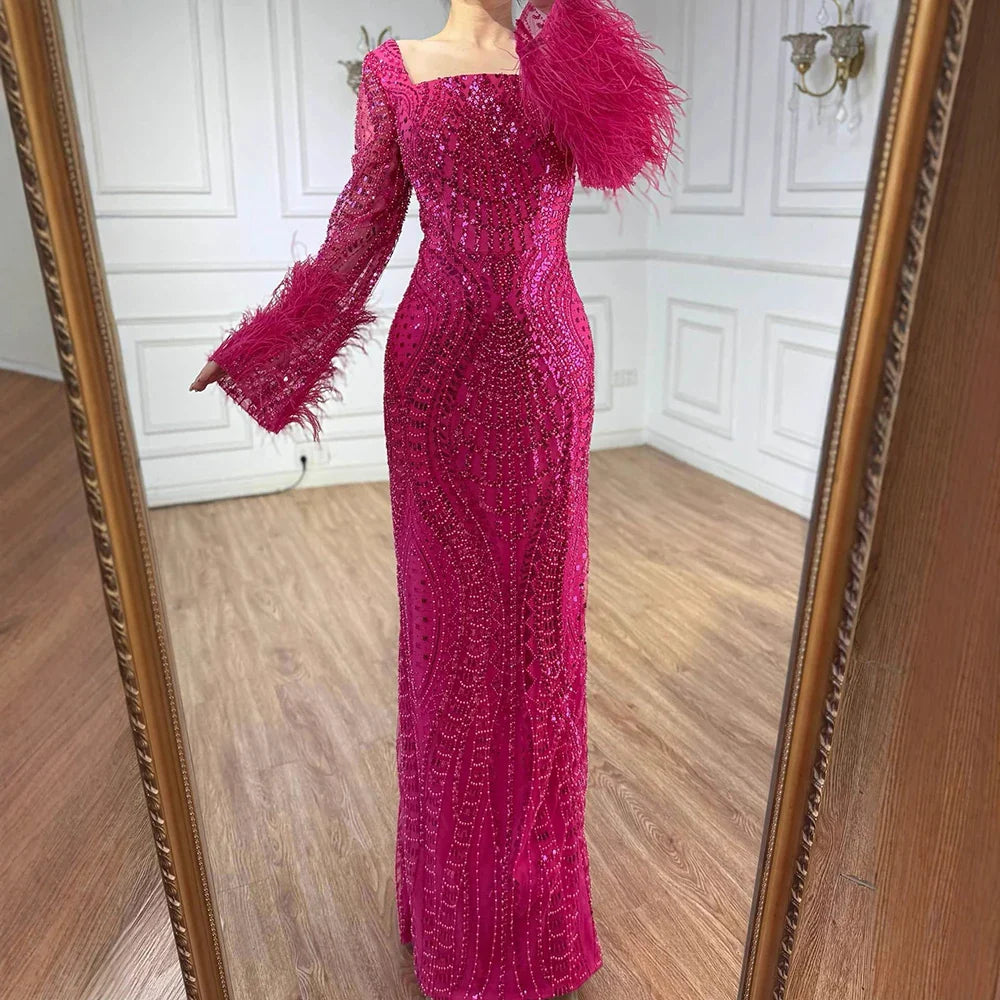Luxury Fuchsia Dubai Evening Dress Long Sleeves with Feather LA72565