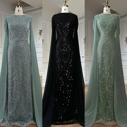 Luxury Blue Mermaid Evening Dress with Cape Sleeves Beaded Gown LA72160A