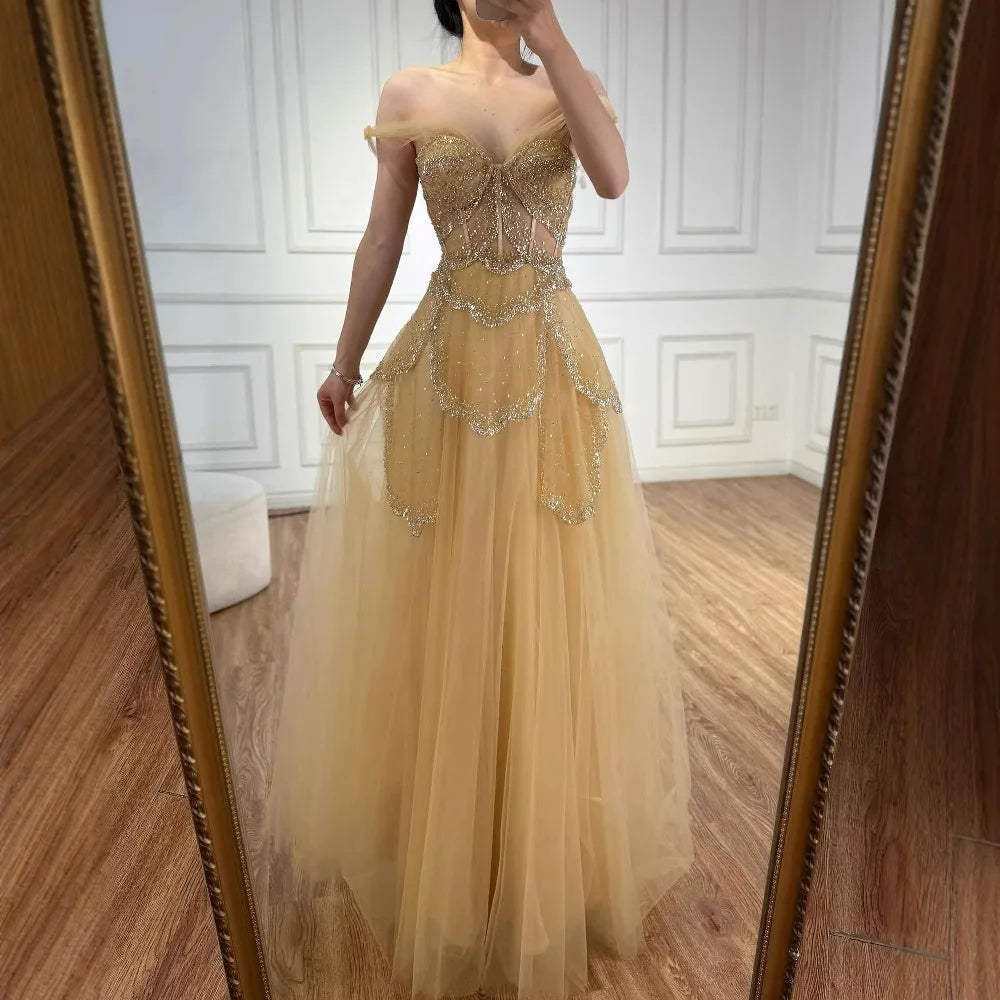 Luxury Sage Green Beaded A-Line Off Shoulder Evening Dress LA72605