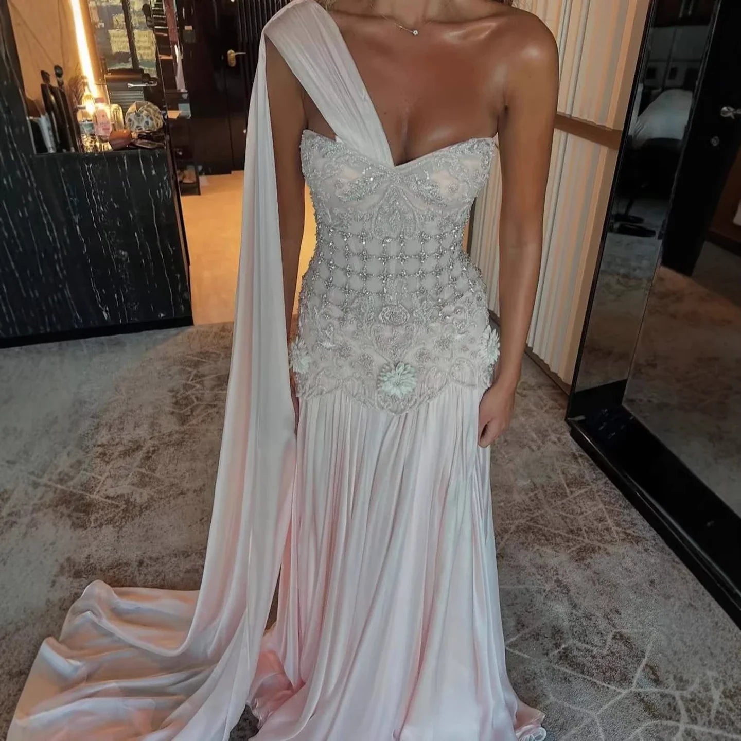 Luxury Pink Arabic Floral Evening Dress With Cape LA73451