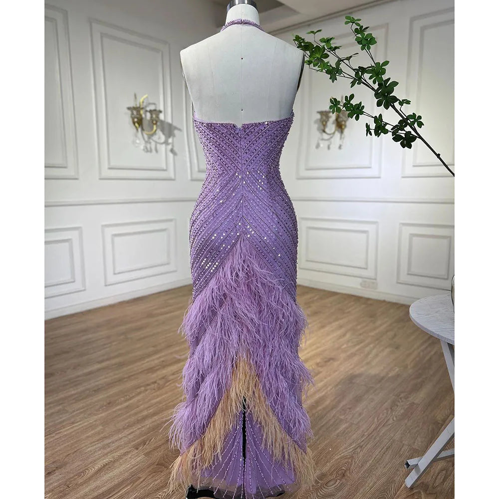 Lilac Feather Halter Mermaid Luxury Dubai Evening Dress LA72056