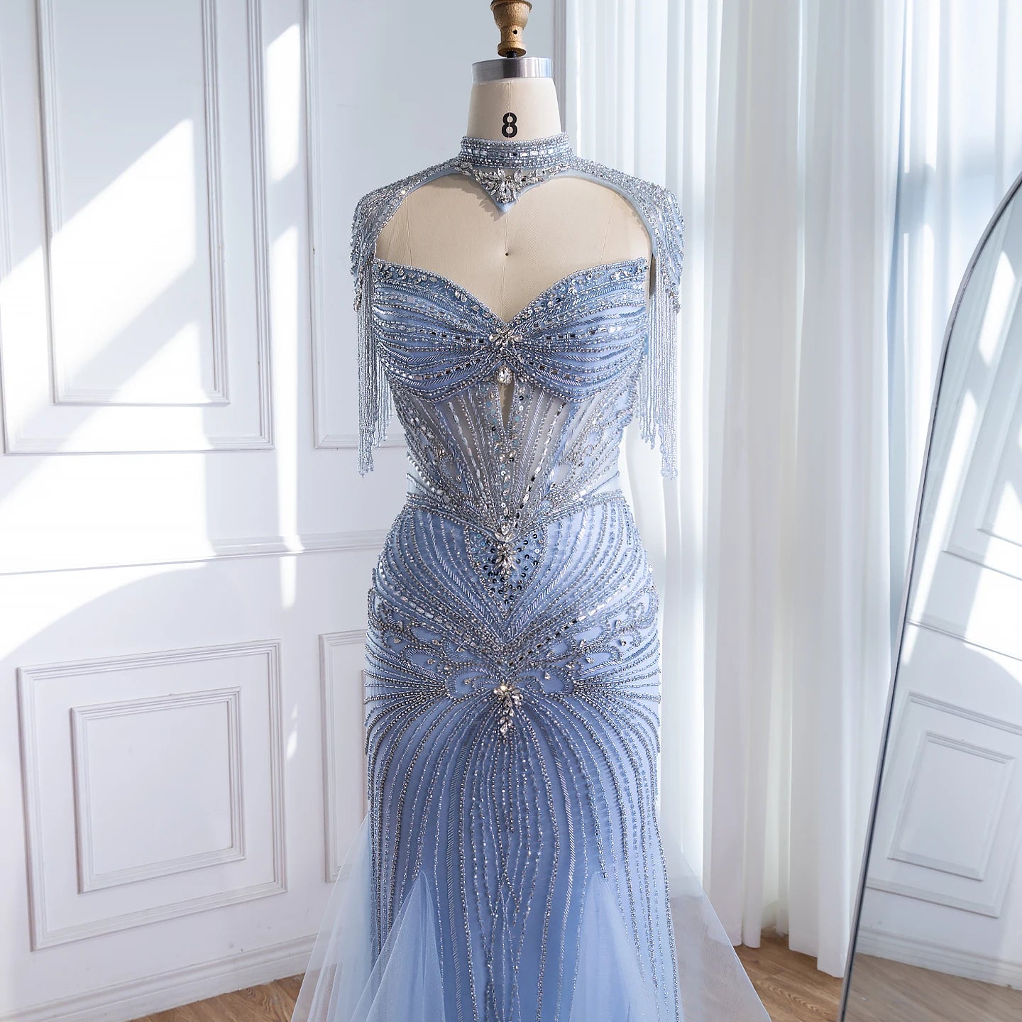 Luxury Dubai Beaded Blue Pink Evening Dress with Tassel Cape LA72897B