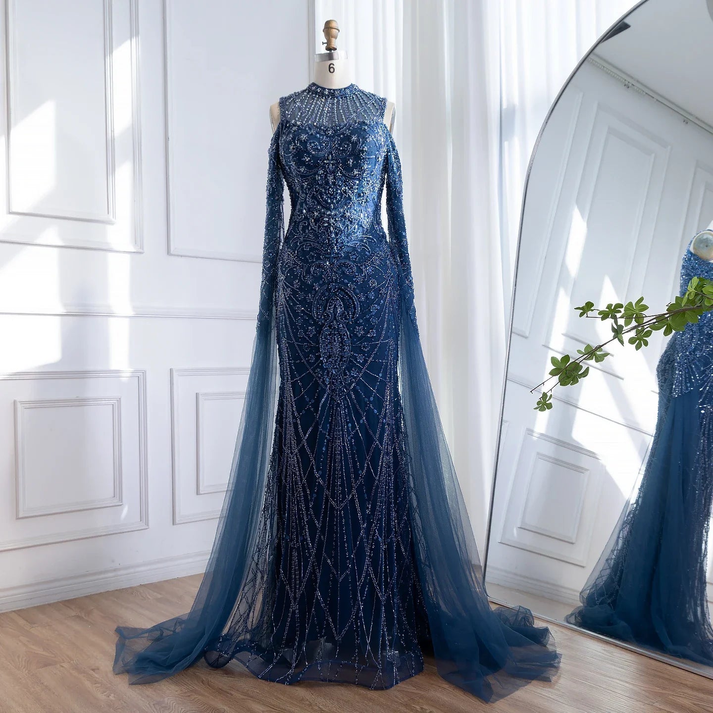 Luxury Dubai Navy Blue Beaded Lace Evening Dress with Cape Sleeves LA73323