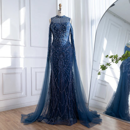 Luxury Dubai Navy Blue Beaded Lace Evening Dress with Cape Sleeves LA73323