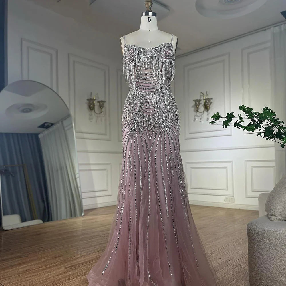 Luxury Nude Pink Crystal Tassel Mermaid Evening Dress LA72772