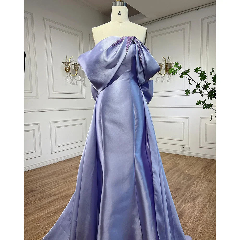 Elegant Off Shoulder Lilac Evening Dress with Overskirt LA72075