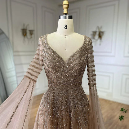 Luxury Dubai  Arabic Caramel Elegant A-Line Beaded Long Evening Dresses Gowns with Cape Sleeves for Formal Occasion LA72750