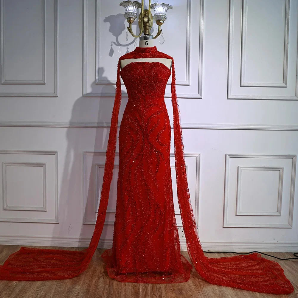 Luxury Nude Mermaid Evening Dress with Cape Sleeves LA72824
