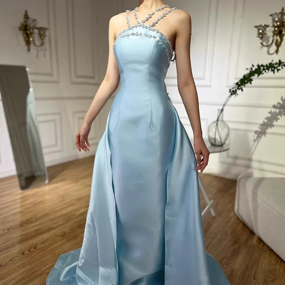 Elegant Light Blue Satin Arabic Evening Dress with Overskirt LA72524