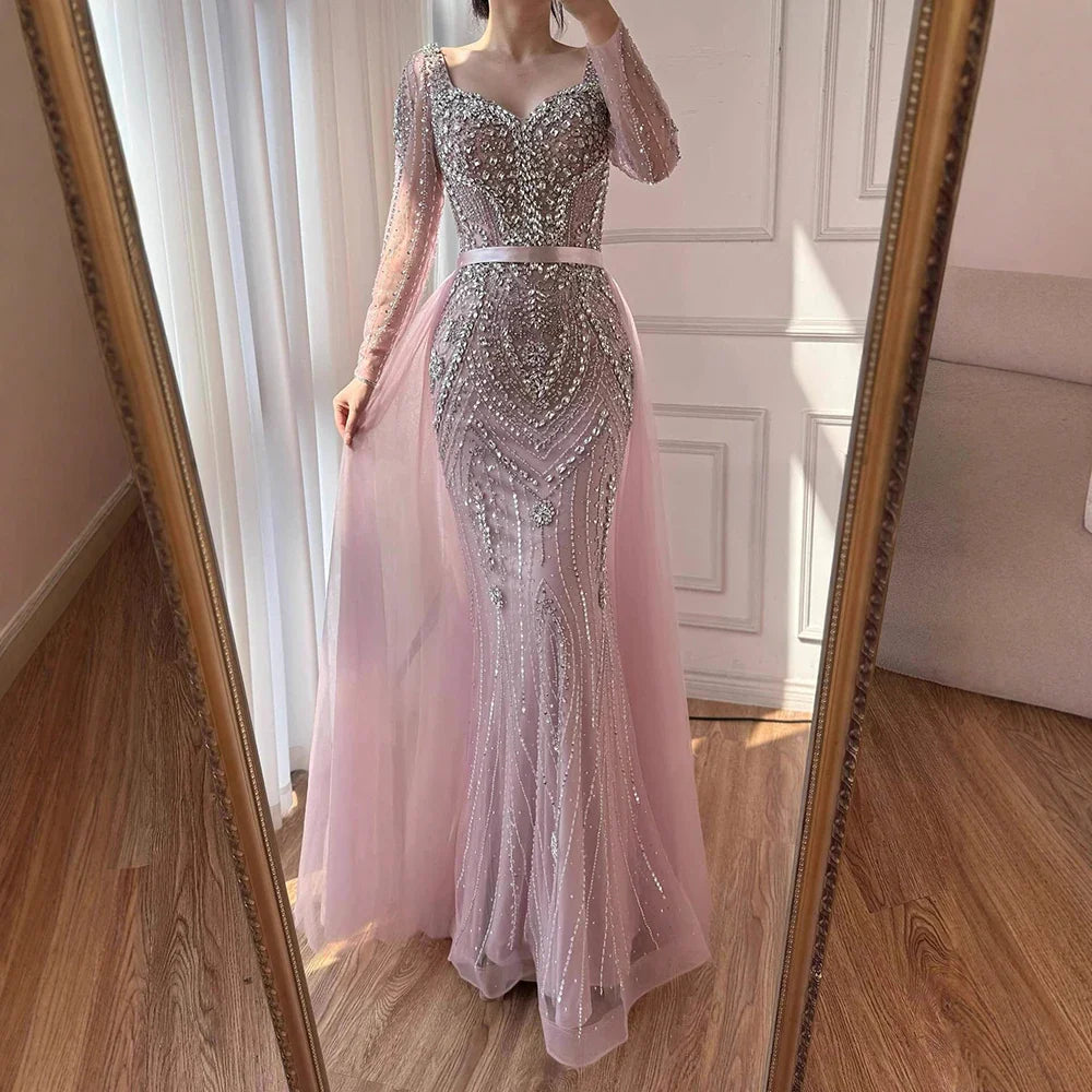 Luxury Nude Beaded Mermaid Evening Dress with Overskirt LA73190