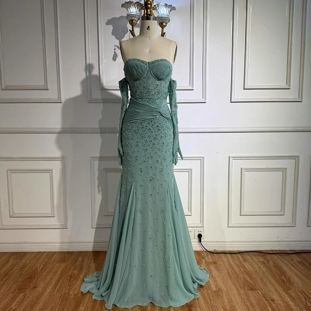 Luxury Turquoise Strapless Beaded Mermaid Evening Dress with Gloves LA72933