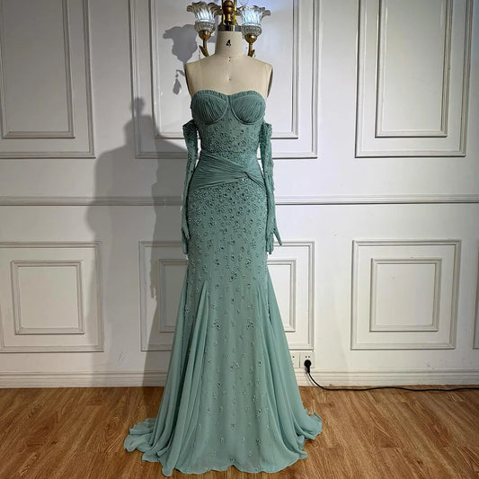 Luxury Turquoise   Beaded Mermaid Evening Dress with Gloves LA72933