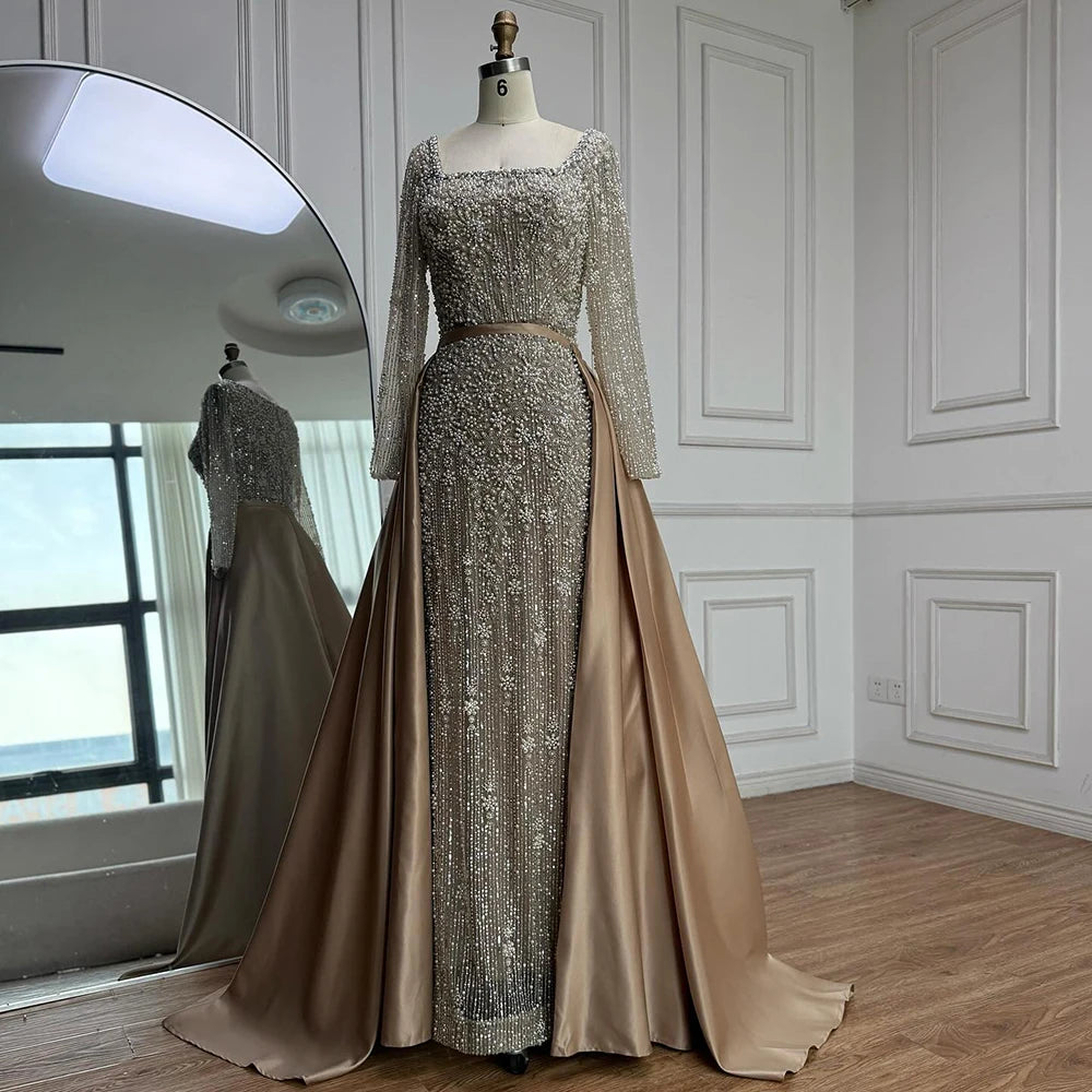 Luxury Arabic Turquoise Mermaid Beaded Evening Gown with Overskirt LA72533A