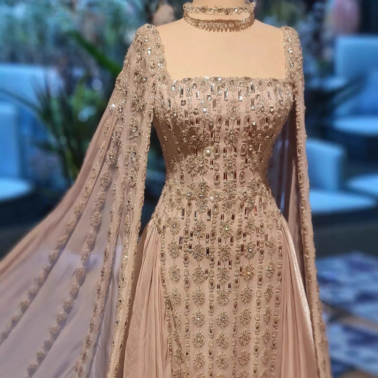 Luxury Silver Dubai Crystal Evening Dress with Cape LA73272