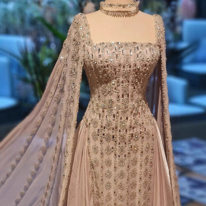 Luxury Nude Dubai Crystal Evening Dress with Cape LA73272