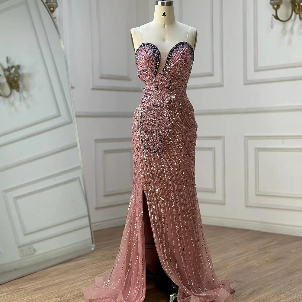 Luxury Arabic Pink Mermaid Evening Dress With High Split LA72480