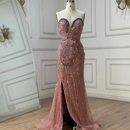 Luxury Arabic Pink Mermaid Evening Dress With High Split LA72480
