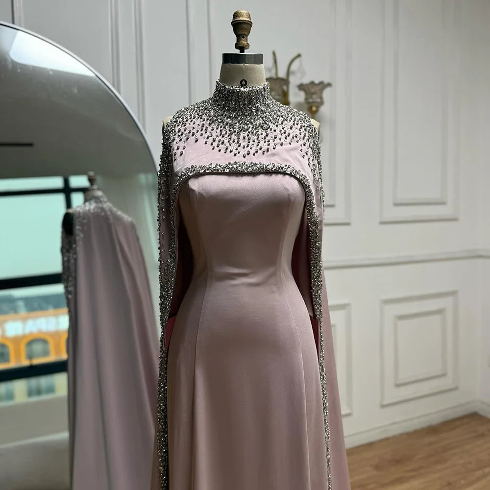 Elegant Blue High Neck Evening Dress with Crystals and Long Cape LA73068