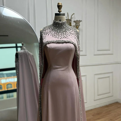 Elegant Blue High Neck Evening Dress with Crystals and Long Cape LA73068