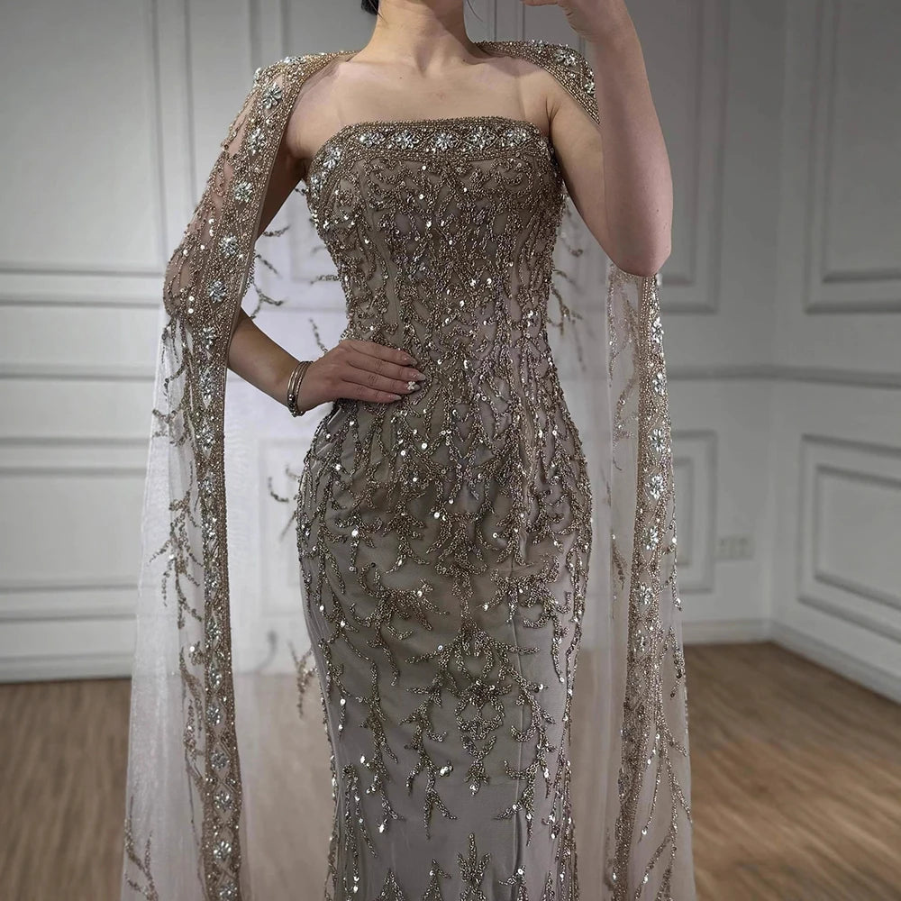 שמלת ערב לבנה יוקרתית עם חרוזים דובאי ערב וגלימה LA72870