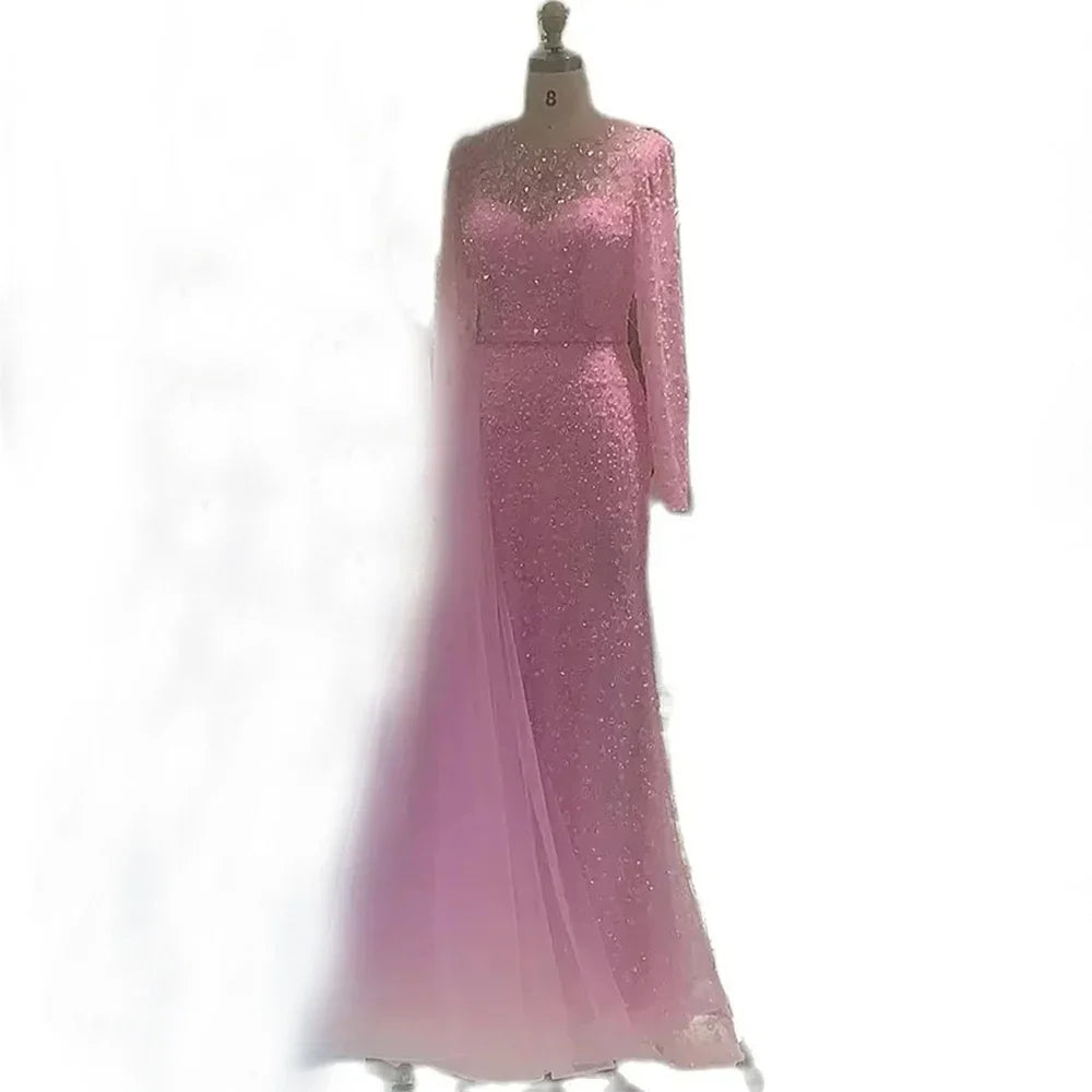 Luxury Dubai  Elegant Blue Saudi Arabic Evening Gown with Beaded Side Overskirt Dress for Formal Occasion LA72734