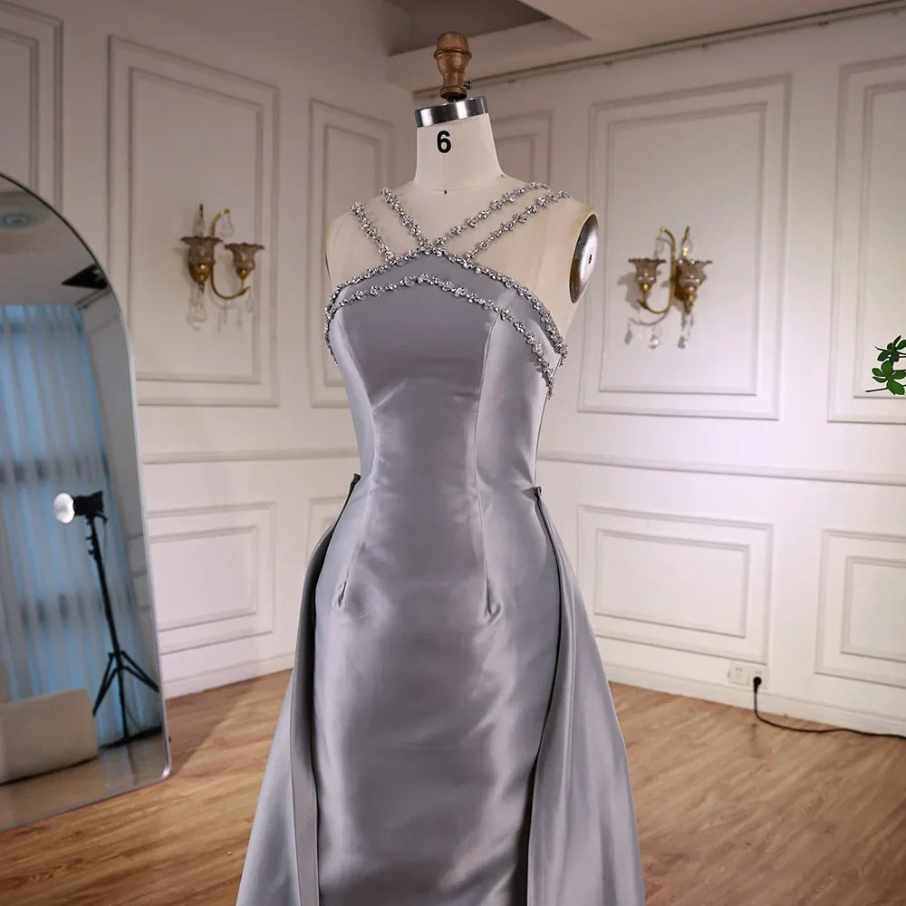 Elegant Light Blue Satin Arabic Evening Dress with Overskirt LA72524