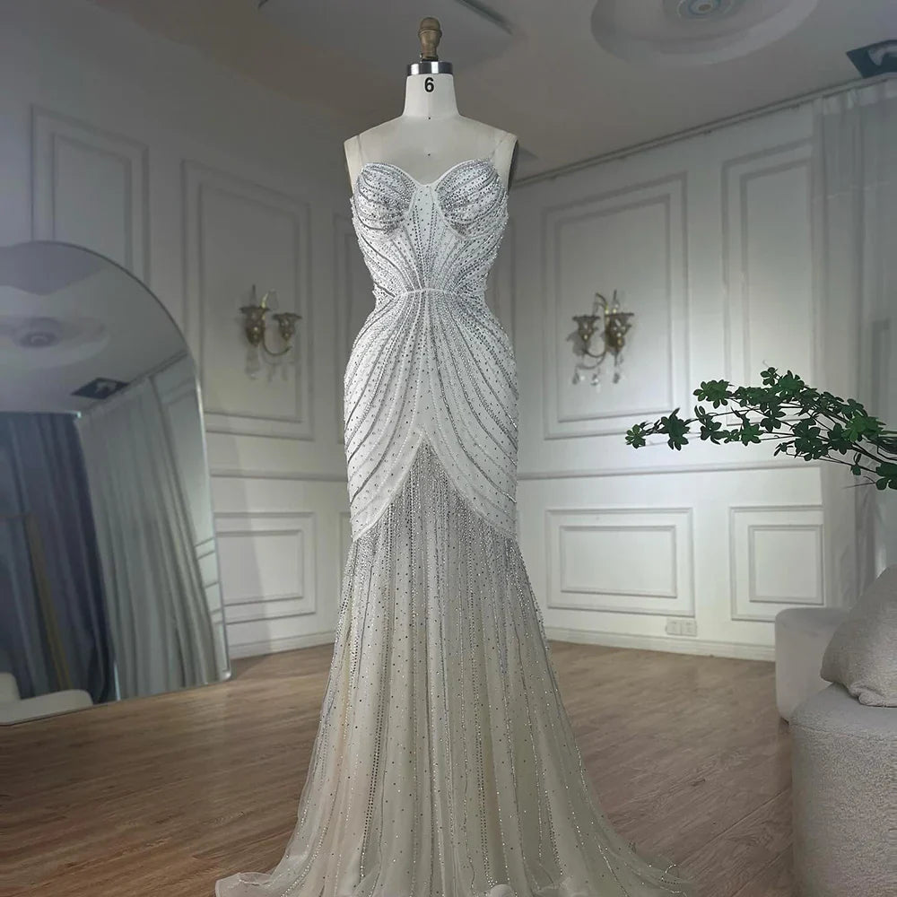 Luxury Blue Beaded Evening Gown with Detachable Cape LA72784