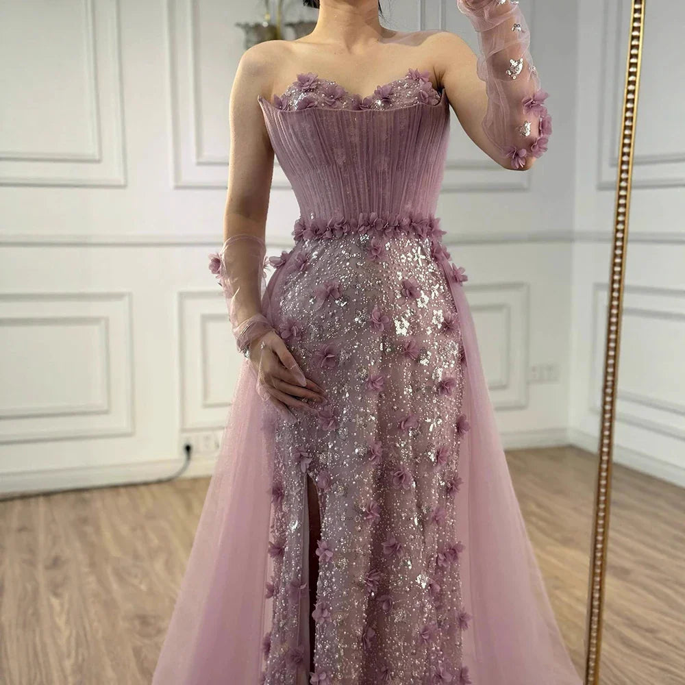 Elegant Pink 3D Floral High Slit Evening Gown with Gloves Overskirt LA72937