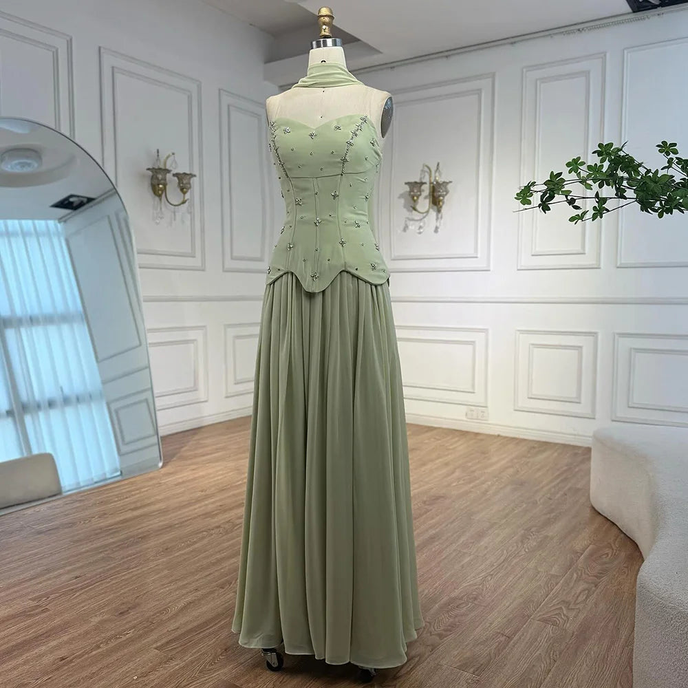 Elegant Sage Green Strapless A-Line Chiffon Evening Dress LA73073