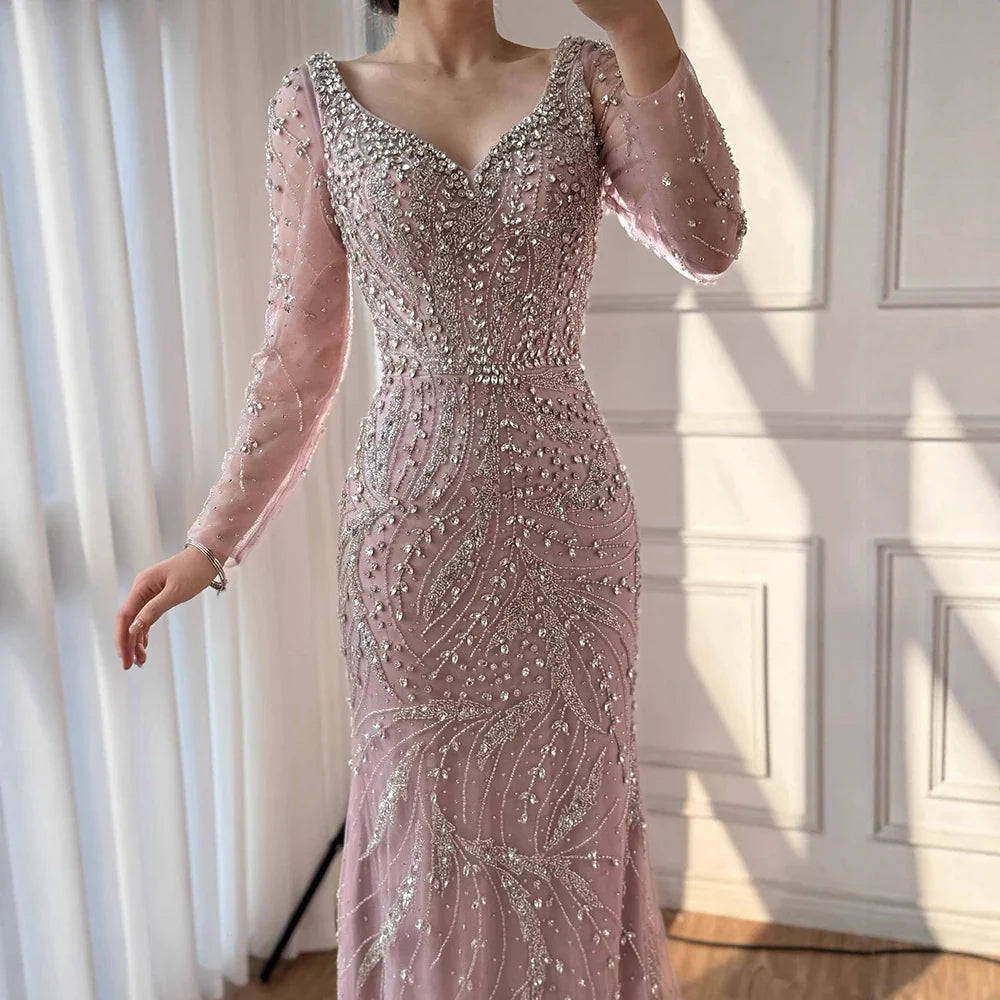 Luxury Muslim Nude Arabic Mermaid Beaded Evening Dress LA73191
