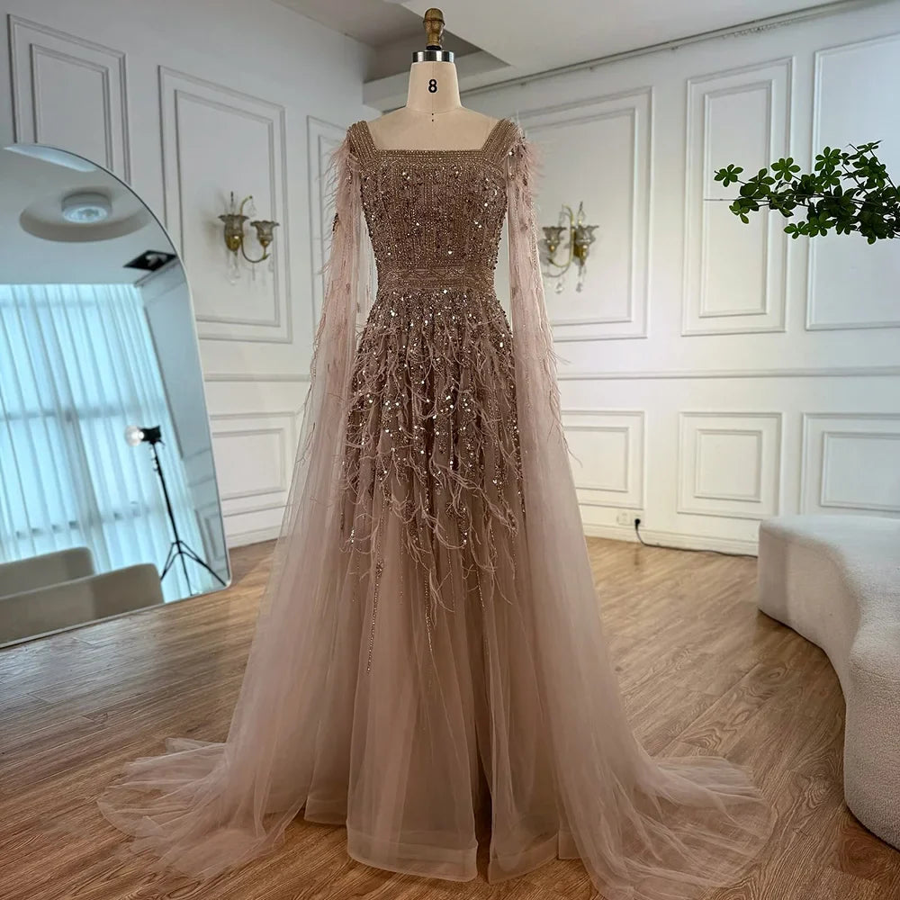 Elegant Blue Beaded Feather A-Line Evening Dress With Cape  LA73043