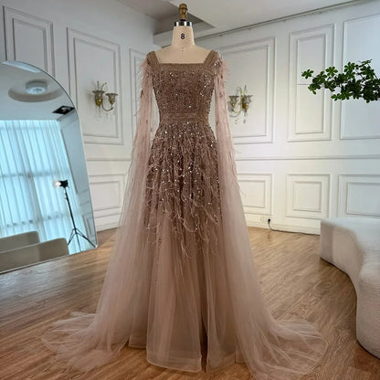 Elegant Blue Beaded Feather A-Line Evening Dress With Cape  LA73043