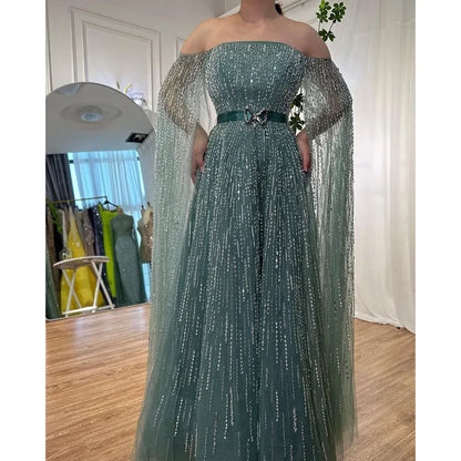 Luxury Black A Line Beaded Evening Dress with Cape Sleeves LA71824