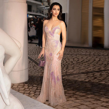 Luxury Pink Beaded Mermaid Evening Dress with Spaghetti Straps LA72492