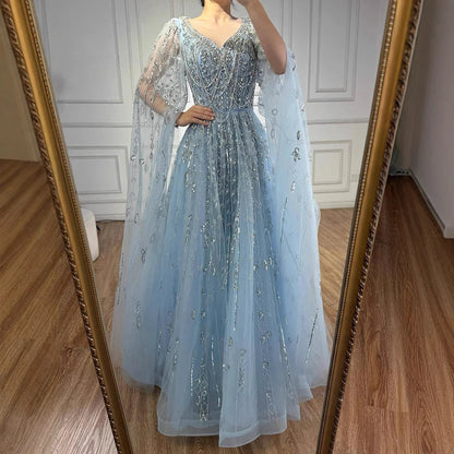 Luxury Nude Beaded Evening Dress with Cape Sleeves for Formal Occasion LA72764A