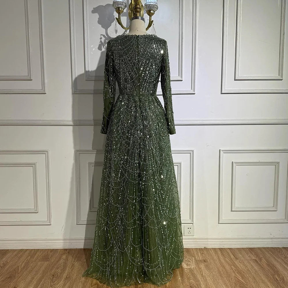 Luxury Olive Green Beaded A-Line Evening Dress Long Sleeves LA72738B