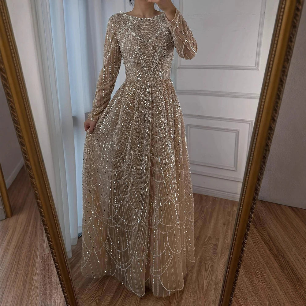 Luxury Olive Green Beaded A-Line Evening Dress Long Sleeves LA72738B