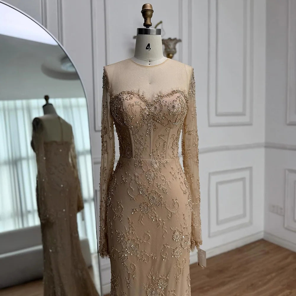 Luxury Arabic Lace Beaded Mermaid Evening Dress with Sleeves LA72545