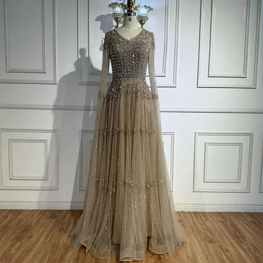 Elegant Caramel A-Line Beaded Evening Dress with Cape Sleeves LA73075
