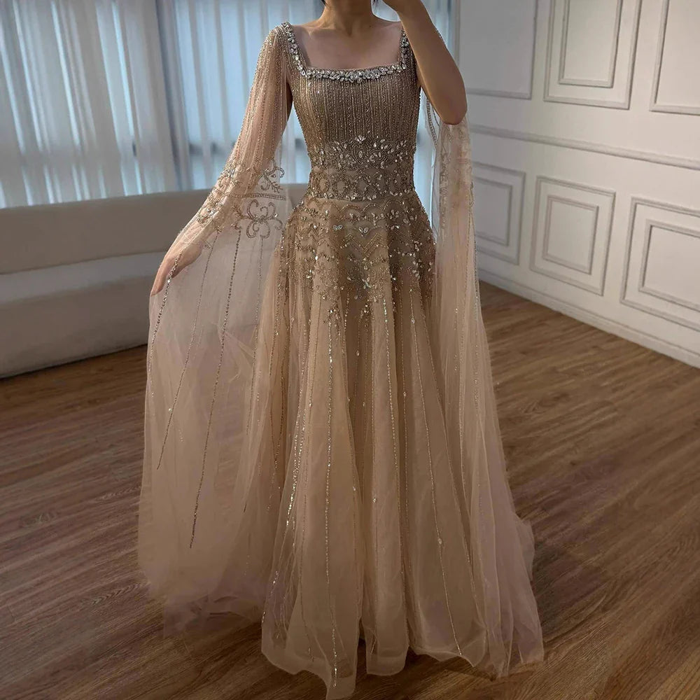 Luxury Caramel A-Line Beaded Evening Dress with Cape Sleeves LA73089A