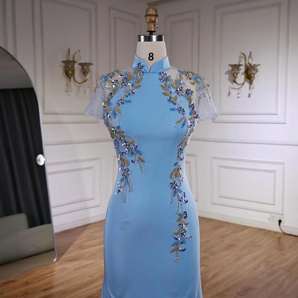 Luxury Mint Beaded Satin Mermaid Evening Dress with Corset LA72797