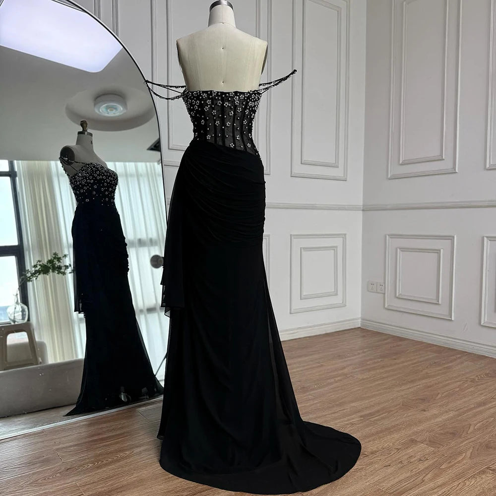 שמלת נשף בתולת ים שחורה יוקרתית עם חרוזים ורצועות ספגטי LA73047