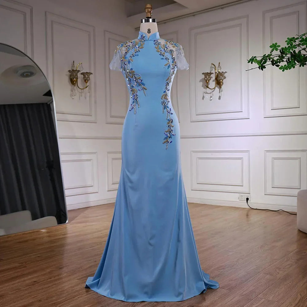 Luxury Mint Beaded Satin Mermaid Evening Dress with Corset LA72797