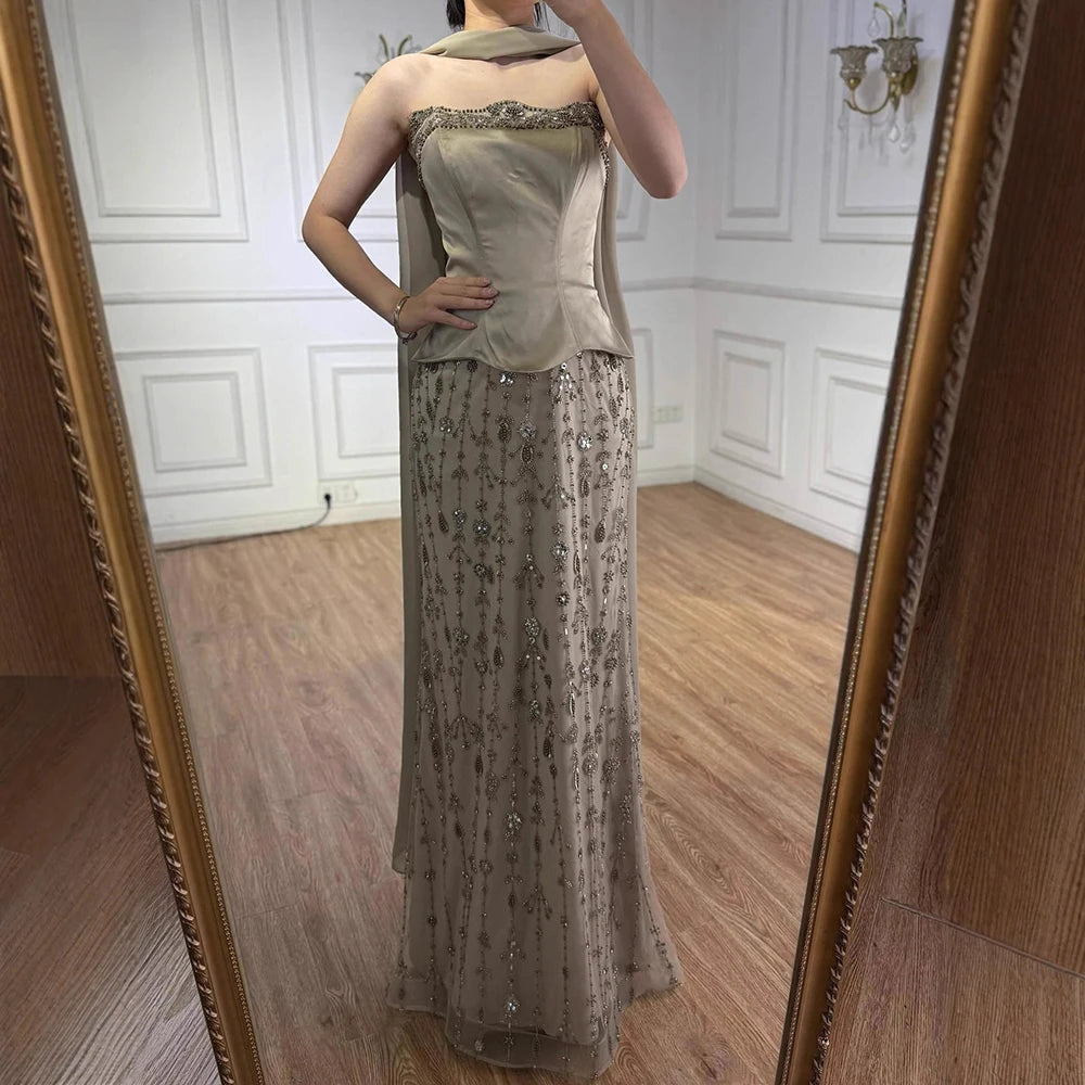 Luxury Caramel Satin Beaded Evening Dress with Corset Bodice LA72805C