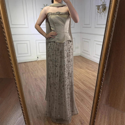 Luxury Caramel Satin Beaded Evening Dress with   Bodice LA72805C