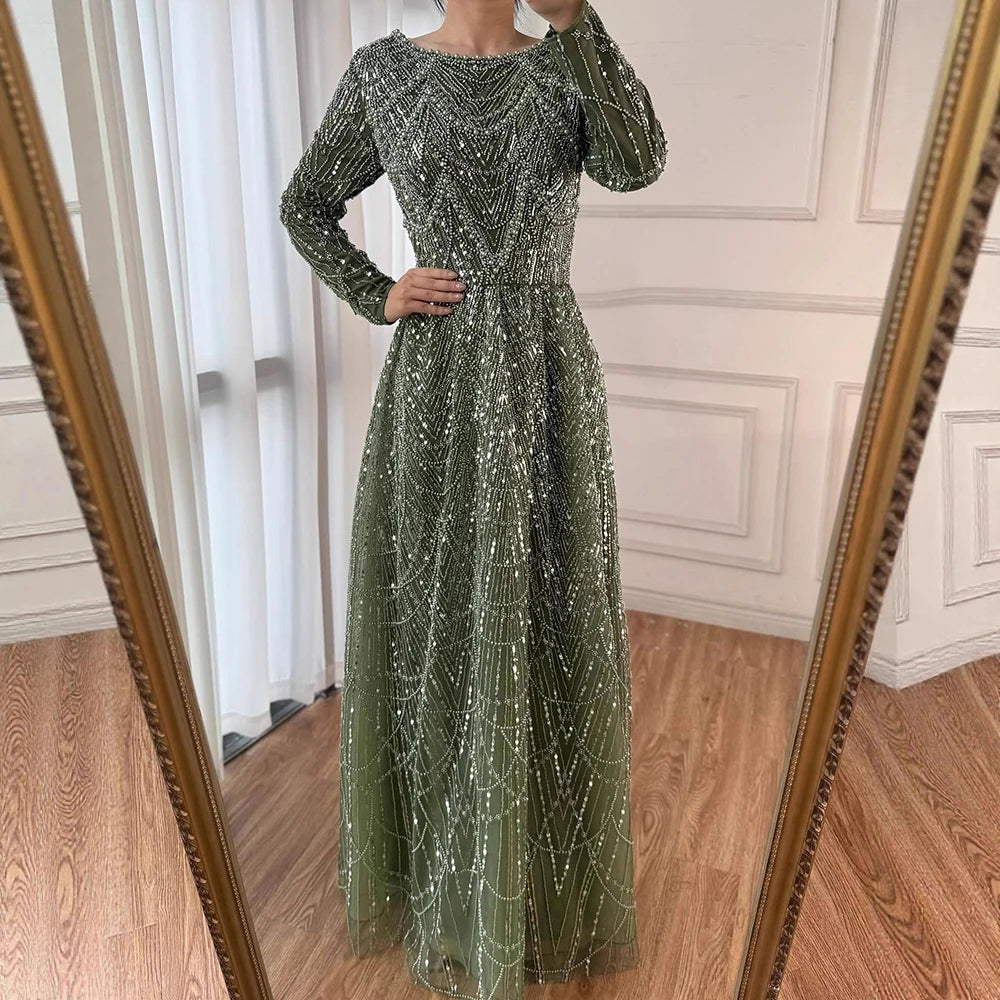 Luxury Olive Green Beaded A-Line Evening Dress Long Sleeves LA72738B