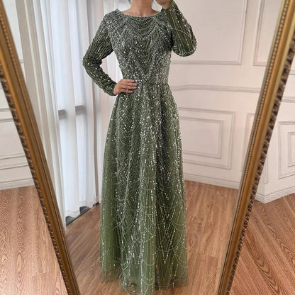 Luxury Olive Green Beaded A-Line Modest Evening Dress Plus Size LA72738B
