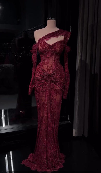 Luxury Wine red Lace Long sleeves Evening Dress Fromal Party Gown LA73691