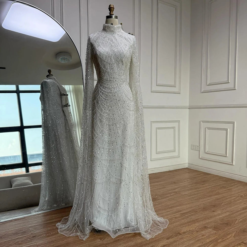 Luxury Dubai  Muslim Sage Green Pearls  Evening  Dress With Cape Plus Size LA72591